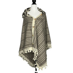 Unique Wool Button Up Cape with  Fringe